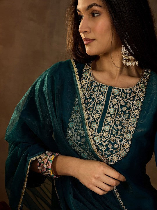 Inddus Floral Sequinned Embroidered Round Neck Kurta