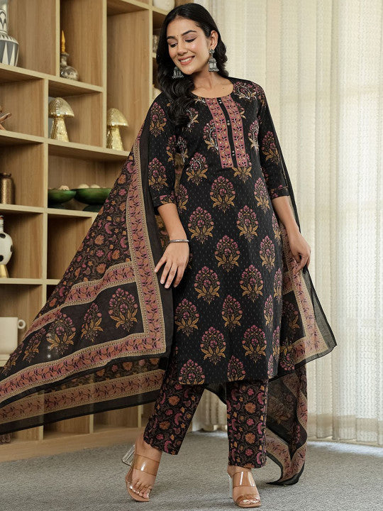 Yufta Women Ethnic Motifs Embroidered Regular Kantha Work Pure Cotton Kurta with Trousers & With Dupatta
