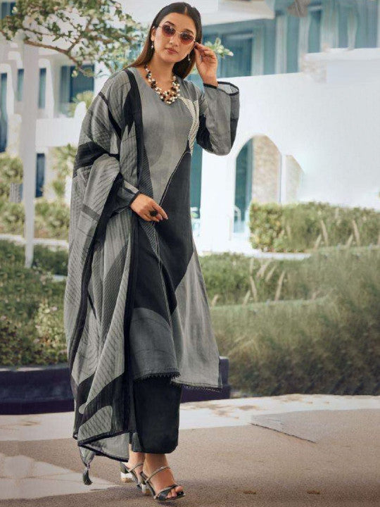 Floral Printed V-Neck Straight Thread Work Kurta With Trousers & Dupatta