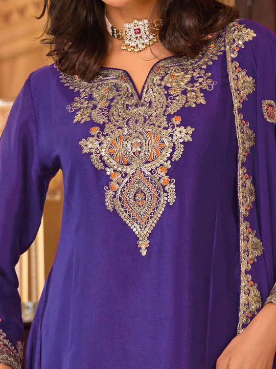 Indo Era Floral Embroidered Sequinned Chinon A-Line Kurta With Palazzos & Dupatta