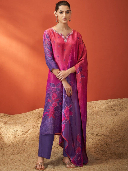 AUTUMN LANE Women Floral Printed Round Neck Straight Kurta & Trousers With Dupatta