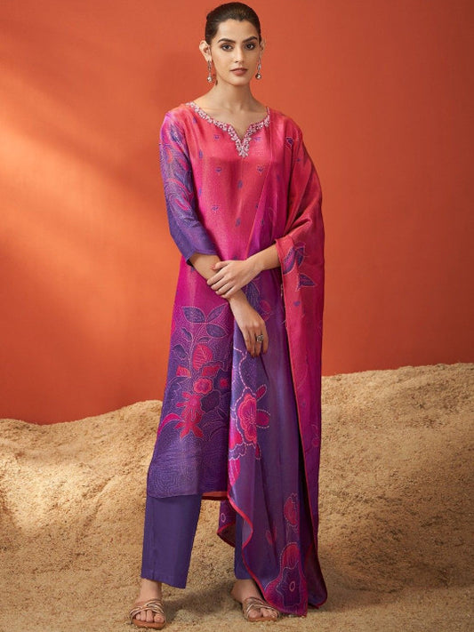 AUTUMN LANE Women Floral Printed Round Neck Straight Kurta & Trousers With Dupatta