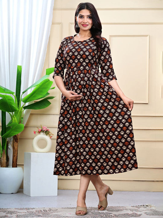 WE PERFECT Women Floral Printed Round Neck Maternity Cotton Ethnic Dress