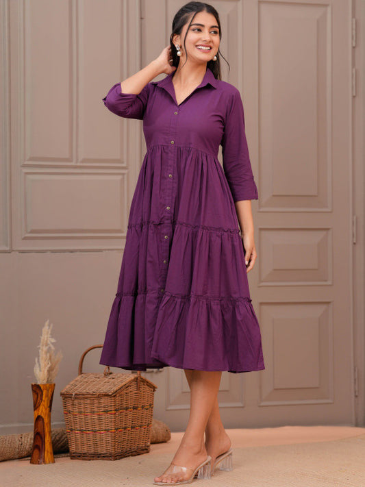 SZN Women Purple Shirt Collar Casual Wear Dress