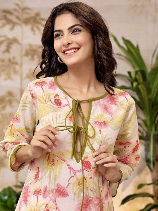 FEATHERS CLOSET Floral Printed Tie Up Neck Pure Cotton Tunic With Trousers
