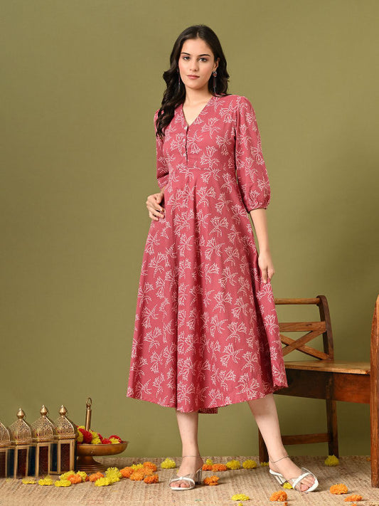 DECKEDUP Floral Print A-Line Midi Dress