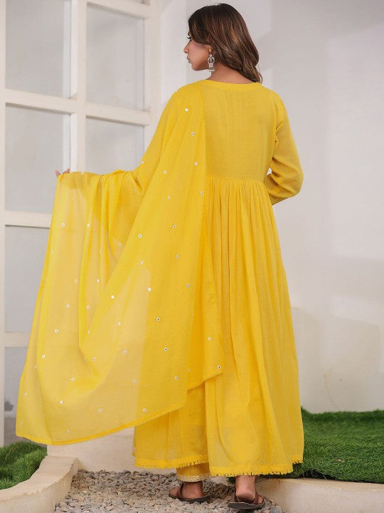 CHETI Geometric Yoke Design Pleated Mirror Work Anarkali Kurta With Trousers & Dupatta