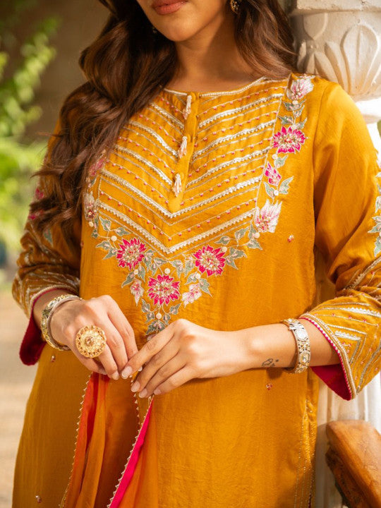 AJIESH OBEROI Floral Embroidered Thread Work Kurta With Dhoti Pants & Dupatta