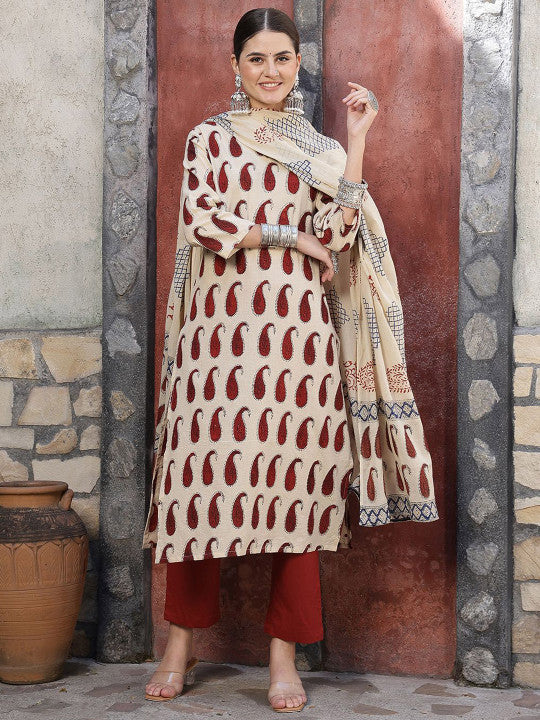 Taavi Paisley Printed Pure Cotton Bagru Kurta With Trouser & Dupatta