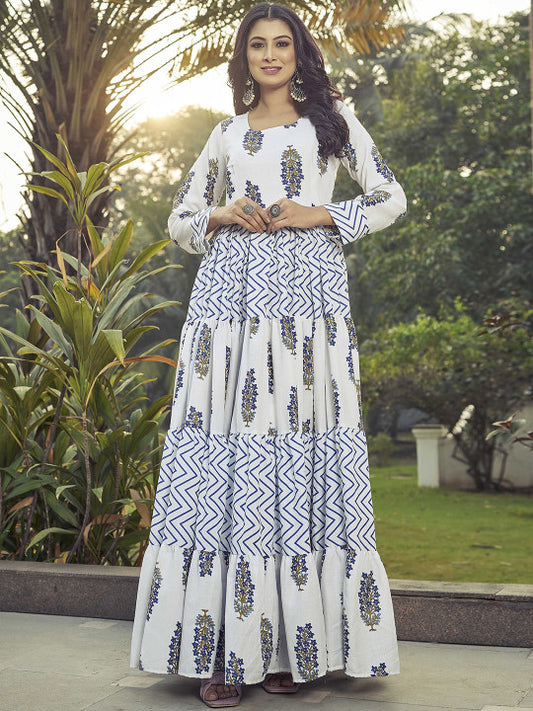 CHANSI Floral Printed Pleated Flared Maxi Dress