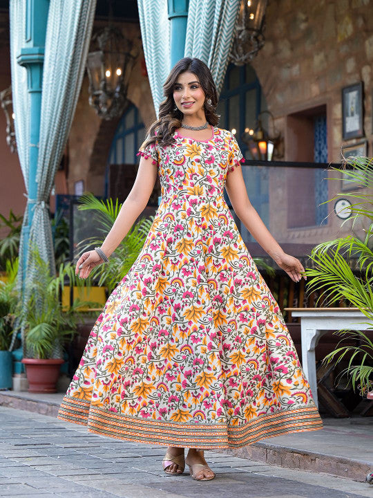 AKS Couture Women Floral Print Fit and Flare Ethnic Dresses with Pom-Pom Detail