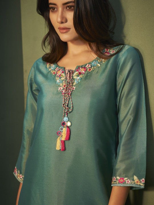AUTUMN LANE Floral Embroidered Thread Work Straight Kurta with Trouser & Dupatta