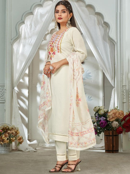 all about you Women Embroidered Regular Thread Work Straight Kurta with Salwar & Dupatta