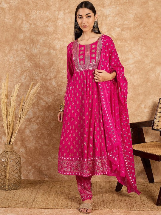 DIVASTRI Women Floral Embroidered Regular Sequinned Kurta with Trousers & With Dupatta