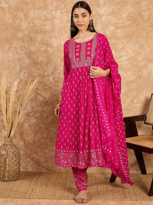 DIVASTRI Women Floral Embroidered Regular Sequinned Kurta with Trousers & With Dupatta