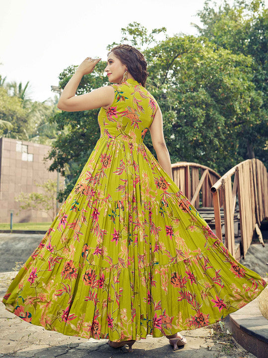 CHANSI Floral Printed Pleated Flared Maxi Dress