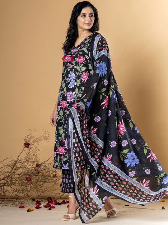 Floral Printed Pure Cotton Straight Kurta With Trouser & Dupatta