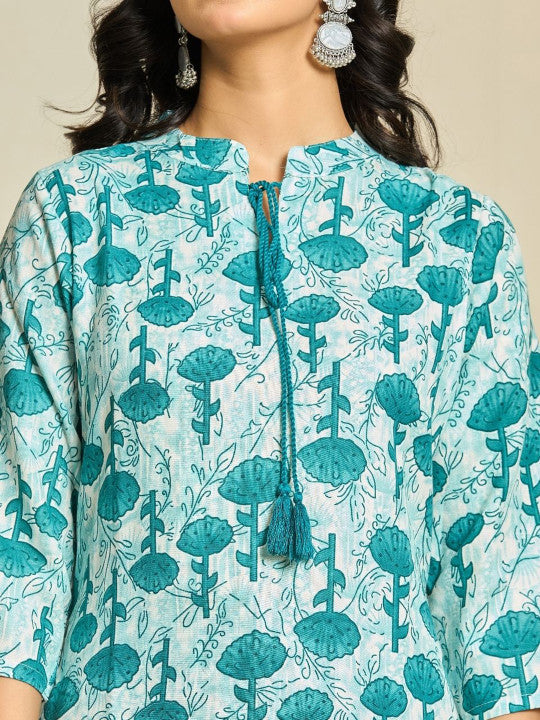 FLAMBOYANT Floral Printed Tie-Up Neck Pure Cotton Kurta With Trousers & Dupatta