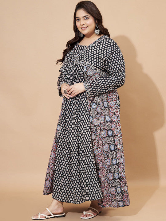 Vbuyz Plus Floral Printed Square Neck Cotton Maxi Ethinic Dress
