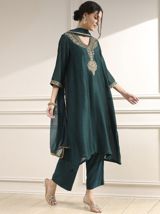 Biba Women Striped Thread Work Straight Kurta with Palazzos & Dupatta