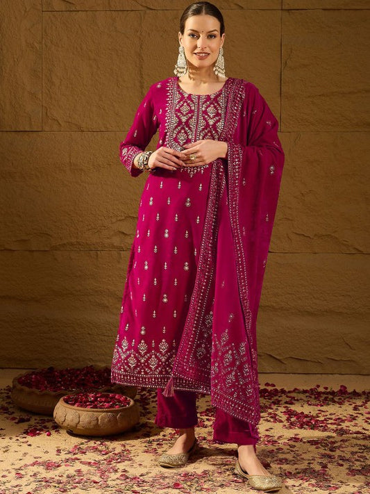 House of Pataudi Embroidered Velvet Straight Kurta