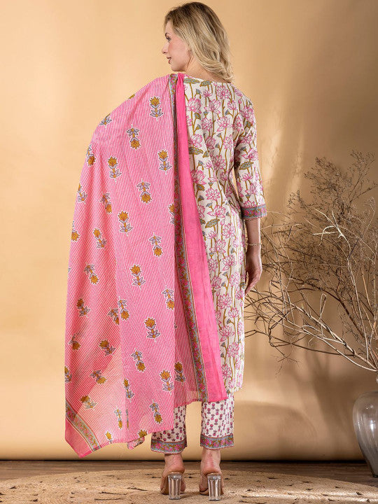 Floral Printed Straight Pure Cotton Kurta With Trousers & Dupatta