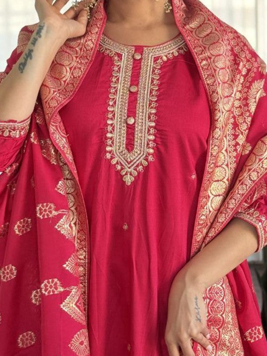 DEVATITHI Floral Embroidered Round Neck Straight Kurta With Trousers & Dupatta