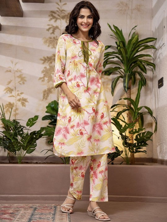 FEATHERS CLOSET Floral Printed Tie Up Neck Pure Cotton Tunic With Trousers