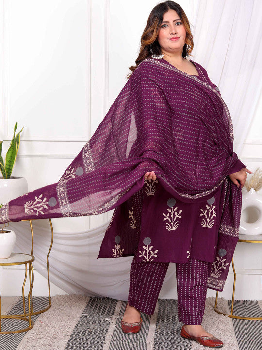 Doriyaan Plus Size Floral Printed V-Neck Pure Cotton Kurta With Palazzos And Dupatta