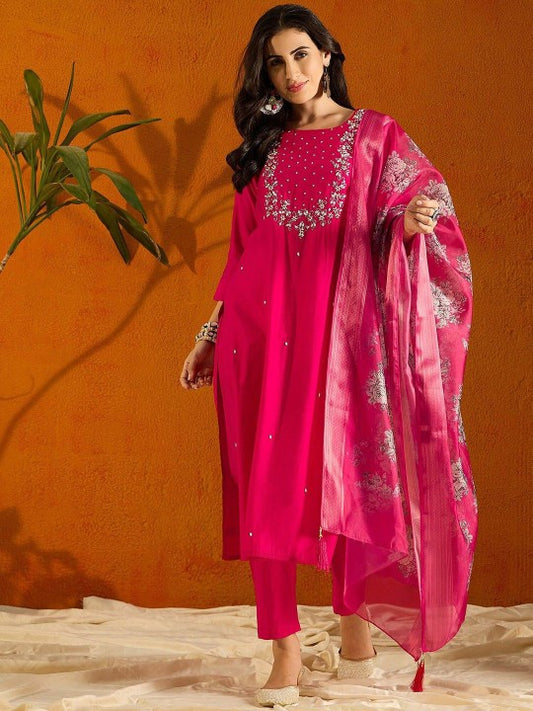 Floral Yoke Design Round Neck Beads And Stones Kurta With Trousers & Dupatta