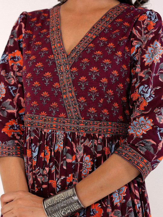 GULAB CHAND TRENDS Floral Cotton Fit & Flare Midi Ethnic Dress