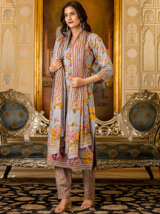 Floral Printed Regular Pure Cotton Kurta with Trousers & With Dupatta