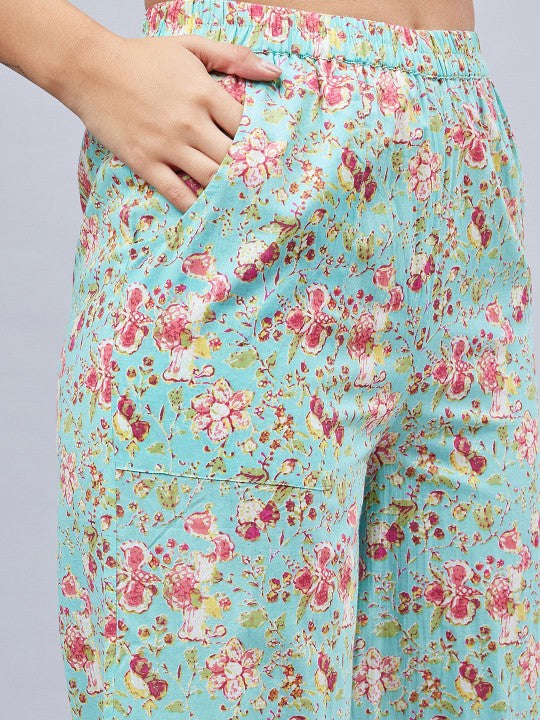 WineRed Floral Printed Round Neck Pure Cotton Top With Trouser & Scrunchie