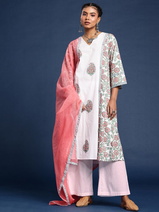 Taavi Paisley Printed Pure Cotton Sanganeri Folk Kurta with Palazzos & Dupatta