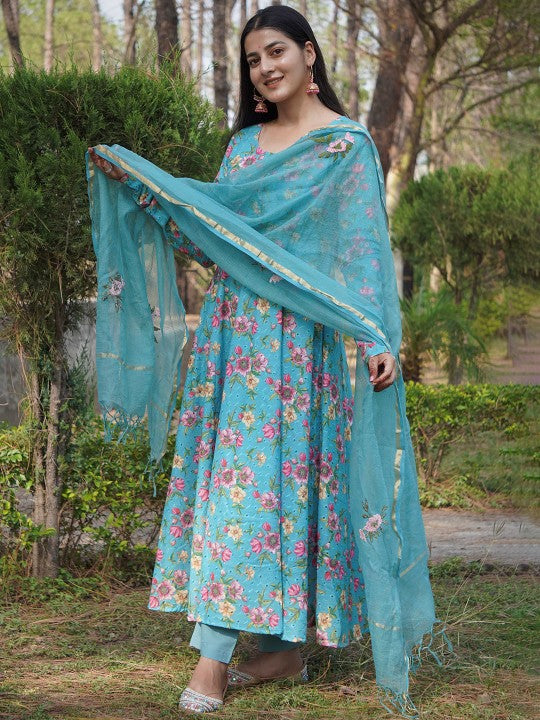 Bahe Kurtiz Women Floral Printed Cotton Kurti with Trousers & Dupatta