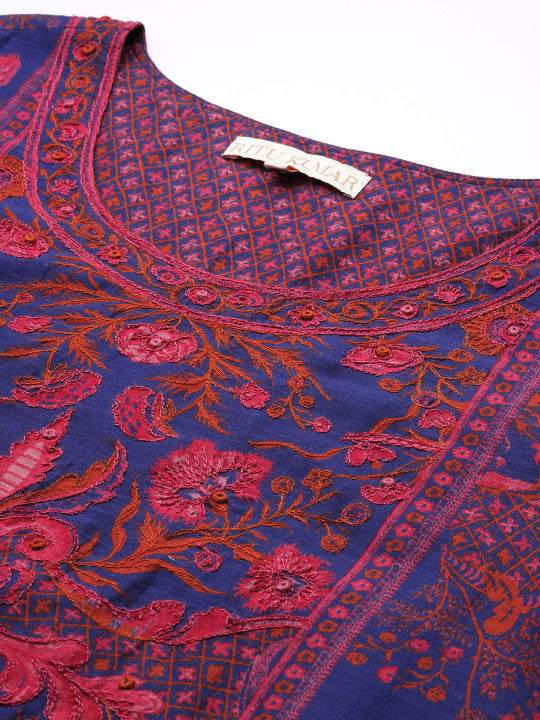 Floral Printed Thread Work Kurta with Trousers & With Dupatta