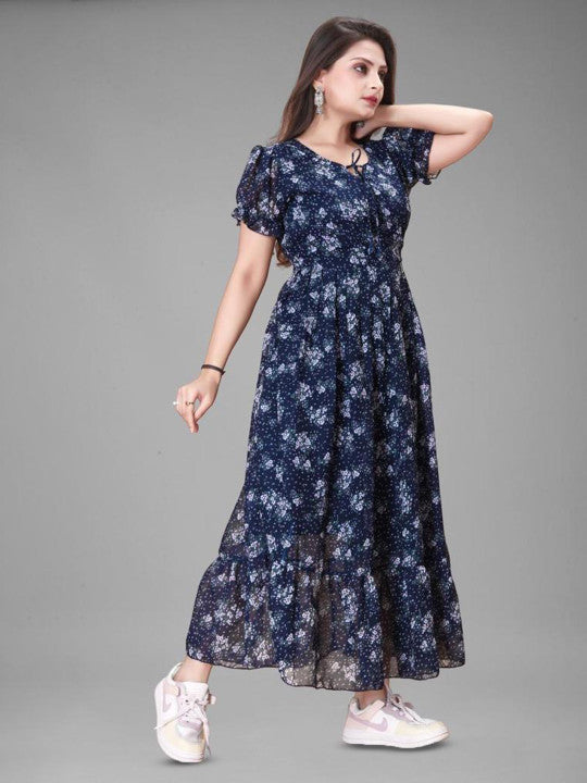 BAESD Floral Print Tie-Up Neck Puff Sleeve Maxi Dress