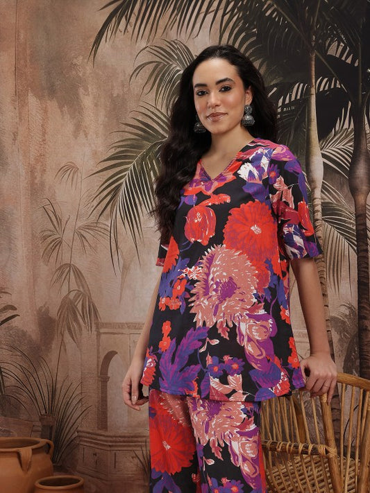 Floral Printed Regular Pure Cotton A-Line Tunic with Palazzos