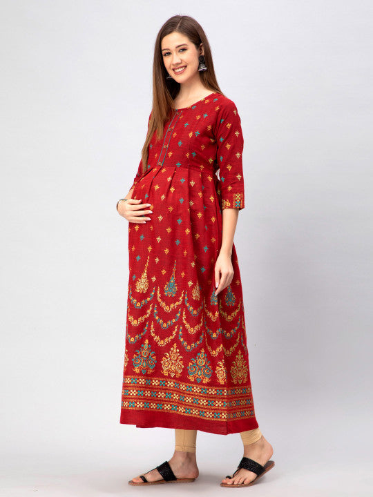 CEE-18 Red Printed Pure Cotton Maternity Ethnic Dress