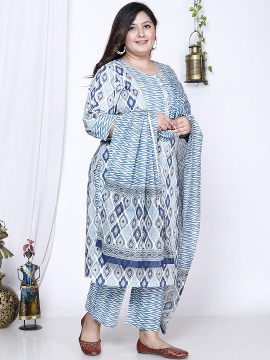 Floral Printed Sequinned Pure Cotton Kurta With Trousers & Dupatta