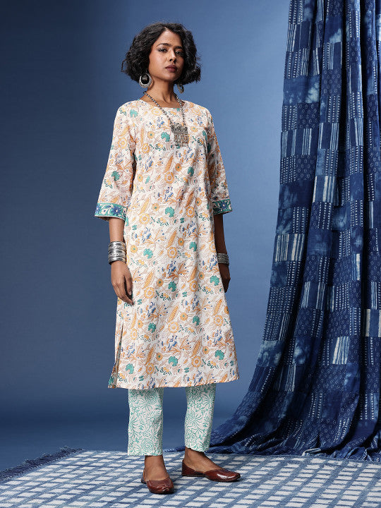 Taavi Bagru Floral Printed Pure Cotton Kurta with Trousers & Dupatta