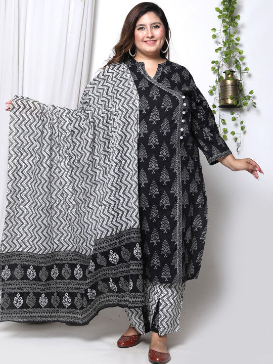 Swasti Plus Size Ethnic Motifs Printed Cotton Angrakha Kurta With Trousers & Dupatta