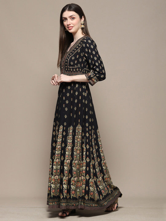 Biba Ethnic Motifs Printed V-Neck Sequinned A-Line Maxi Ethnic Dress