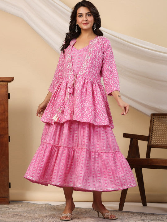 EtnicaWear Ethnic Motifs Printed Tiered Fit & Flare Pure Cotton Ethnic Dress with Jacket
