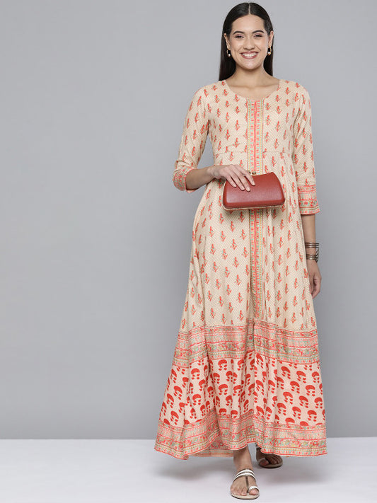 HERE&NOW Beige Ethnic Motifs Printed Maxi Empire Ethnic Dress