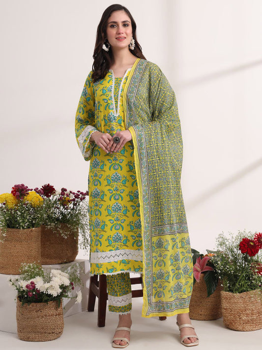 Yufta Floral Printed Pure Cotton Straight Kurta with Trousers & Dupatta