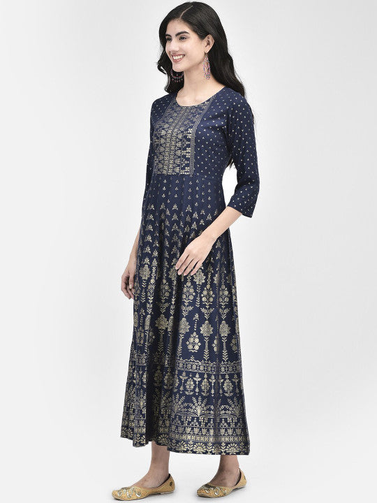 Span Women Ethnic Printed Round Neck Three-quarter Sleeve Maxi Ethnic Dress