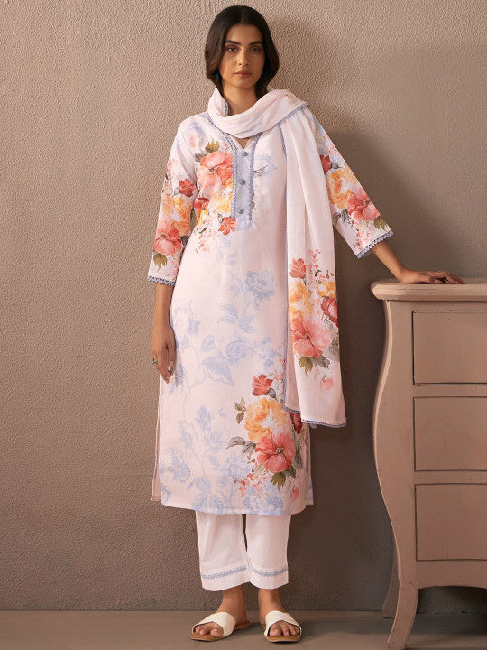 Indo Era Floral Printed Beads and Stones Linen Straight Kurta with Trousers & Dupatta