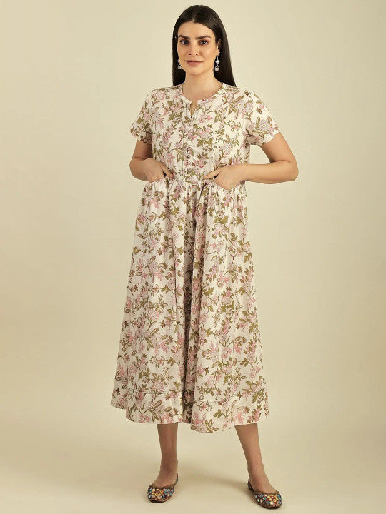 Exotic India Hand Printed Midi Fit & Flare Ethnic Dress