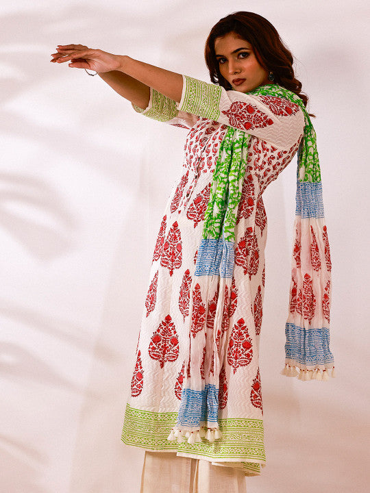 motifs block Printed Pure Cotton Kurta with Trousers & Dupatta